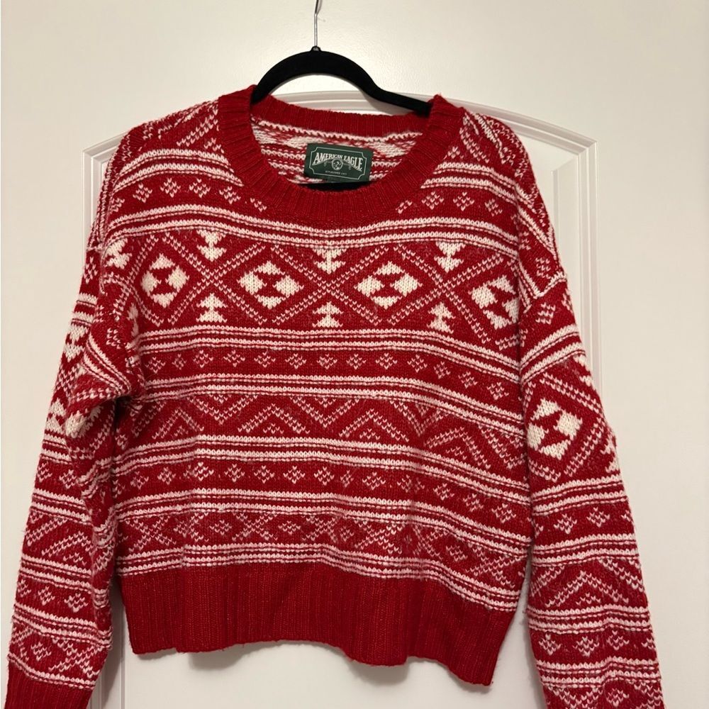 American Eagle Outfitters Red and White Geometric Sweater